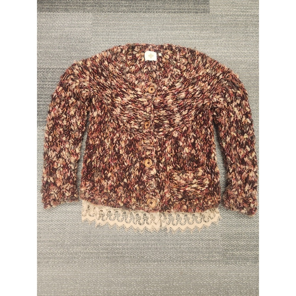 Anthropologie HWR Chunky Knit‎ Multicolored Cardigan With Lace Trim Size Medium